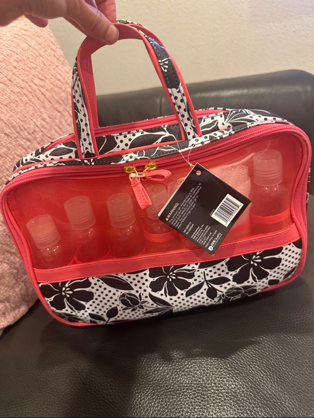 Beauty  360Black & White Floral Travel Toiletry Bag with Coral Trim